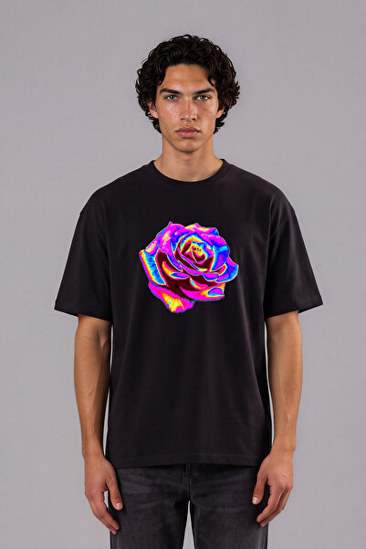 VSRN Tricou oversize negru cu imprimeu frontal cu design cu hologramă trandafir