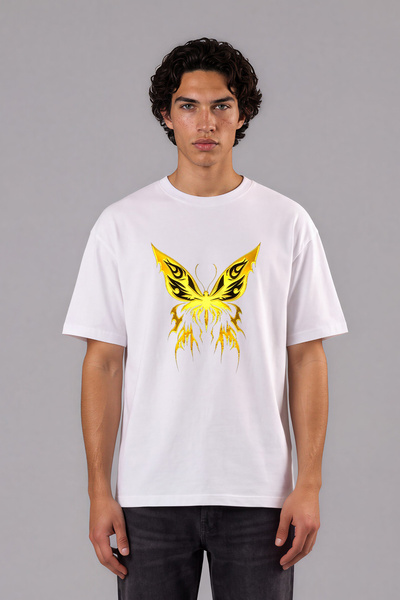 VSRN Tricou oversize alb cu imprimeu frontal cu design Fluture Auriu