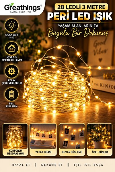 Greathings 3 Metre 28 Ledli Gün Işığı Peri Led Işık Pilli Dekoratif İnce Tel ...