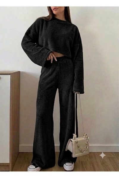 Rosy Live in style Women's Plush Fabric Crop Sweatsirt High Waist Wide Leg Pa...