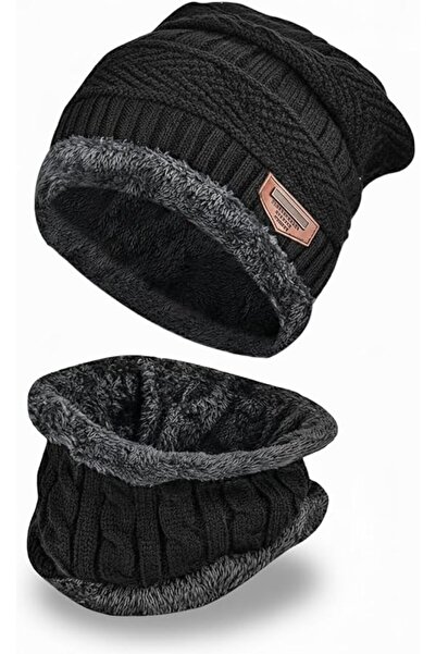 Generic Black 2 Pieces Winter Beanie Hat Scarf Set, Warm Knit Hat & Thick Fle...
