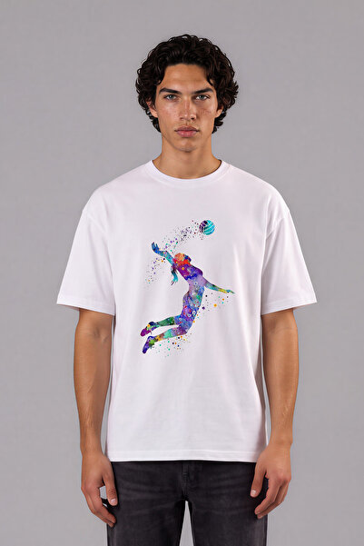 VSRN Tricou supradimensionat alb cu imprimeu frontal Voleyballer 2 Design