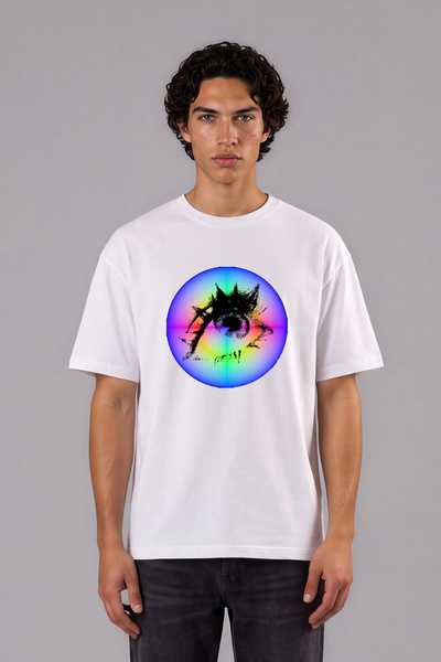 VSRN Tricou oversize alb cu imprimeu frontal cu design colorat pentru ochi