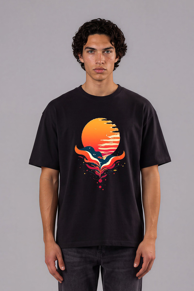 VSRN Tricou oversize negru cu imprimeu frontal cu design Sunset
