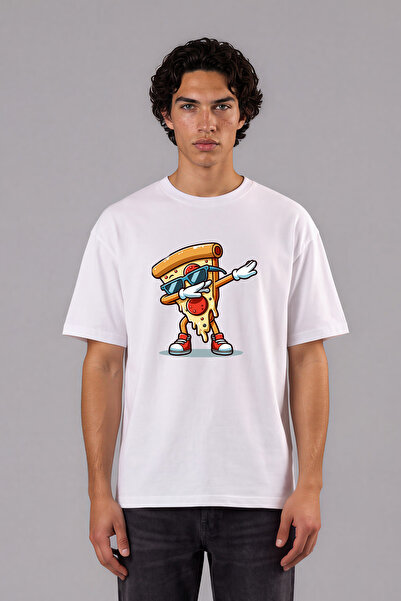 VSRN Tricou supradimensionat alb cu imprimeu frontal cu design Cool Pizza Mov...