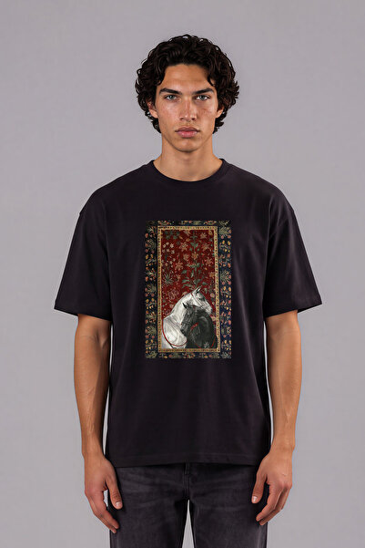 VSRN Tricou oversize negru cu imprimeu frontal, cu design etnic cu două cai