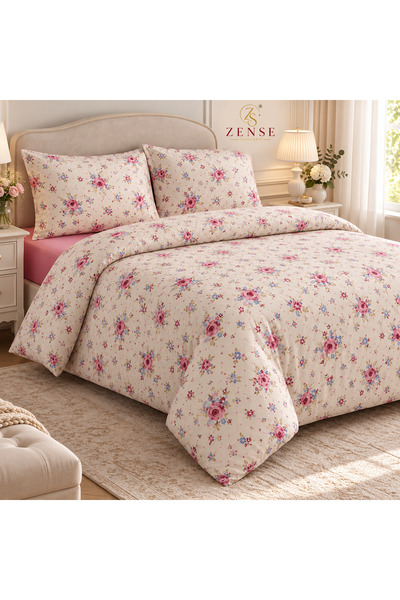 Çift Kişilik Çiçek Desenli %100 Pamuk Nevresim Takımı – Pembe Lastikli Çarşaflı, 200 × 220 cm