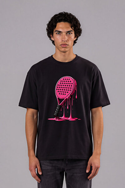 VSRN Tricou oversize negru cu imprimeu frontal cu design rachetă de padel