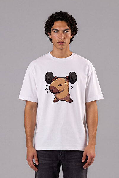 VSRN Tricou oversize alb cu imprimeu frontal, design Capybara halterofil