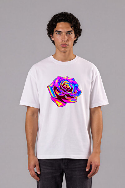 VSRN Tricou oversize alb cu imprimeu frontal cu design hologramă trandafir