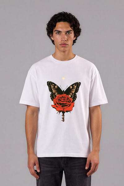 VSRN Tricou oversize alb cu imprimeu frontal cu design Butterfly Rose