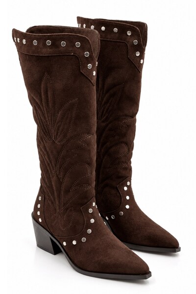 İX Statice Women's Suede Brown Embossed Embroidered Pointed Toe Thick Heeled ...