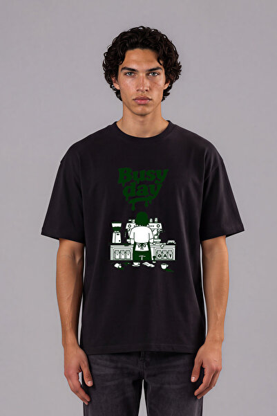 VSRN Tricou oversize negru cu imprimeu frontal Busy Day Design