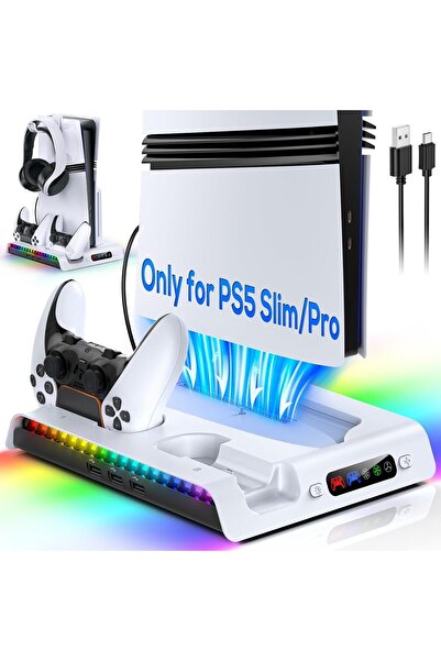 Generic حامل شحن مع مروحة تبريد لجهاز PS5 Pro/Slim، محطة شحن عمودية للتحكم مع...