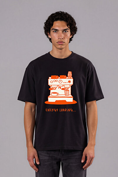 VSRN Tricou oversize negru cu imprimeu frontal Coffee Energy Loading Design