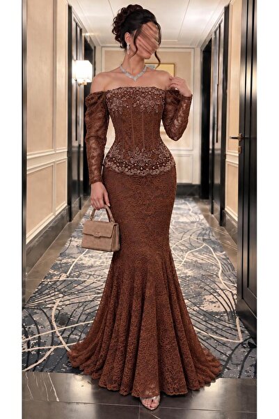 Olivia Style فستان سهرة نسائي طويل باللون البني بتصميم كورسيه دانتيل، قصة أكت...