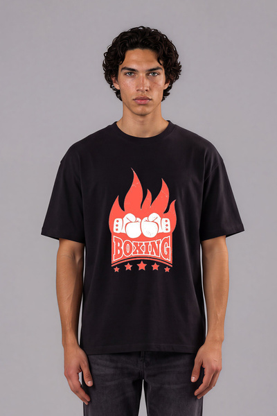 VSRN Tricou oversize negru cu imprimeu frontal Alevli Boxing Design