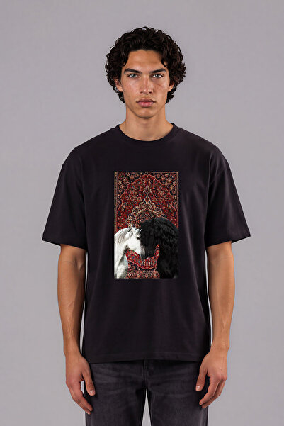 VSRN Tricou oversize negru cu design covor și cal cu păr creț, imprimat pe față