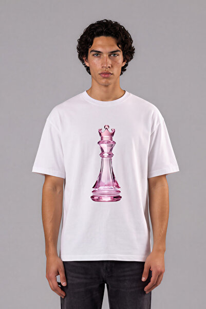 VSRN Tricou oversize alb cu imprimeu frontal, design Shah din porțelan roz