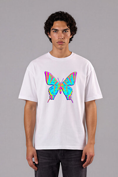 VSRN Tricou supradimensionat alb cu imprimeu frontal cu design fluture hologramă