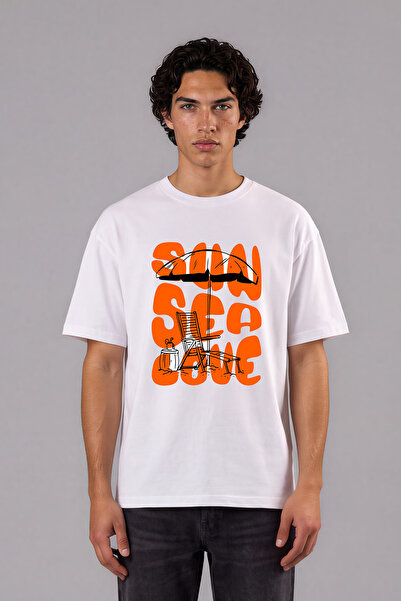 VSRN Tricou supradimensionat alb cu imprimeu frontal Sun Sea Tasarım