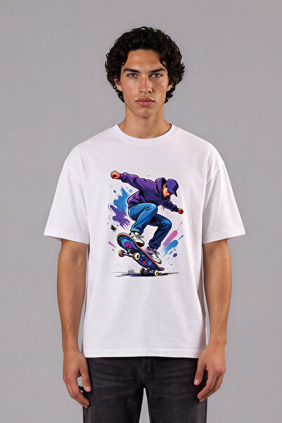 VSRN Skateboarder Design Pre-Printed White Oversize T-Shirt