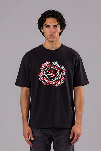 VSRN Tricou oversize negru cu imprimeu frontal cu design cu trandafiri