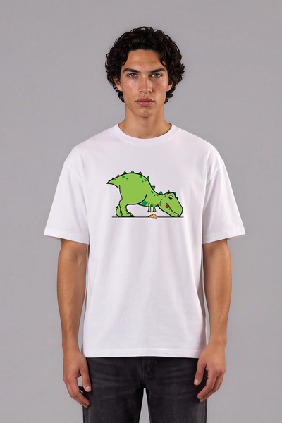 VSRN Tricou supradimensionat alb cu imprimeu frontal cu design Dinozaur Obese