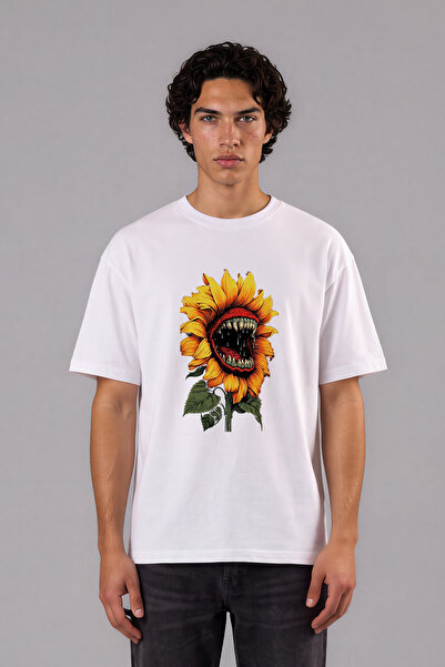 VSRN Tricou oversize alb cu imprimeu frontal Monster Daisy Design