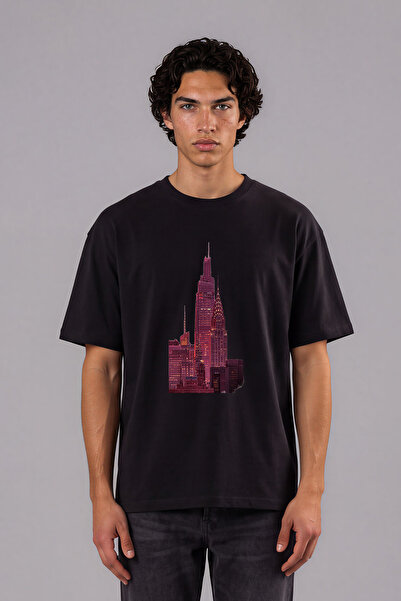 VSRN Tricou negru supradimensionat cu imprimeu frontal High Buildings 1 Design