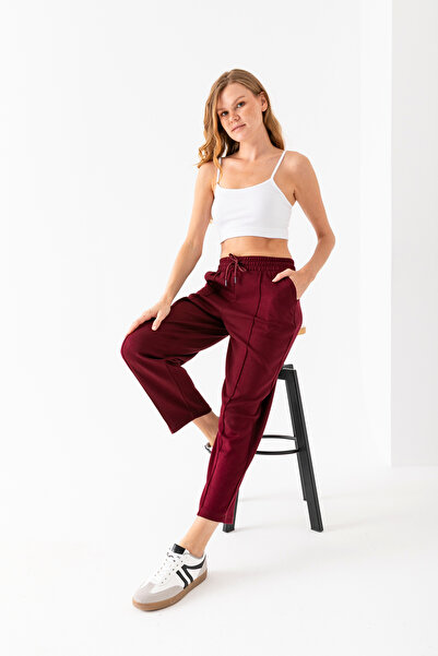 umtlifes Women's Burgundy Balloon Fit Seasonal High Waist Trendy Casual Modal...