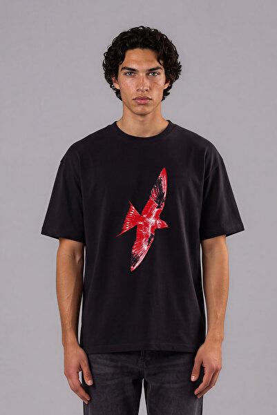 VSRN Tricou oversize negru cu imprimeu frontal Red Bird Design