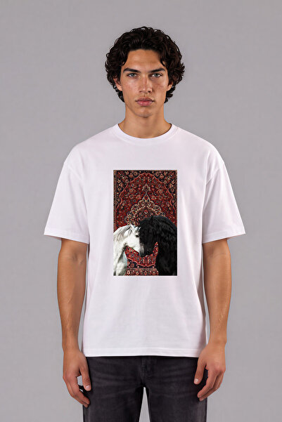 VSRN Tricou supradimensionat alb cu design covor și cal cu păr creț, imprimat...