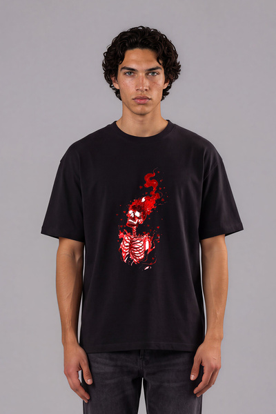 VSRN In Love Skeleton Design, prednja strana sa printom, crna, široka majica