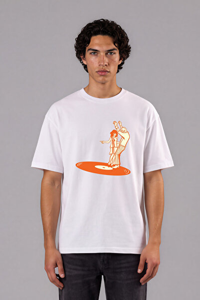 VSRN Dancing Couple on Record Disc Design Pre-Printed White Oversize T-Shirt