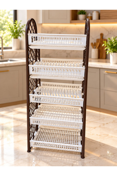 Dove 5-Tier Plastic Dish Rack & Kitchen Organizer with Plate Holders – 51 × 40 × 107 cm, Brown & White