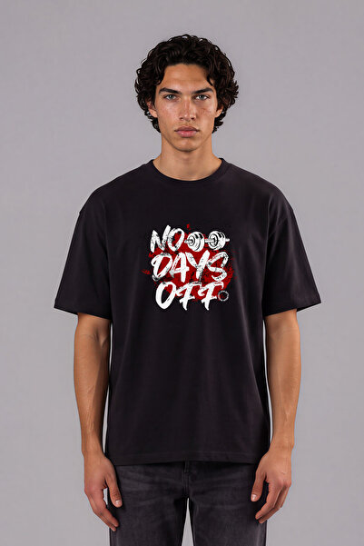 VSRN Tricou negru oversize cu imprimeu frontal No Days Of Tasarım
