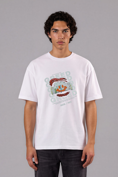 VSRN Tricou oversize alb cu imprimeu frontal Gold Lip Design