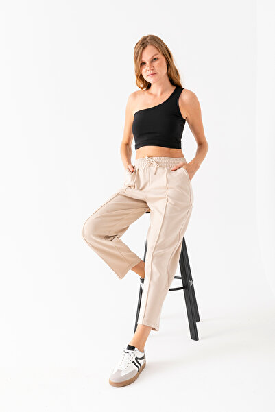 umtlifes Women's Beige Balloon Fit Seasonal High Waist Trendy Casual Pocketed...