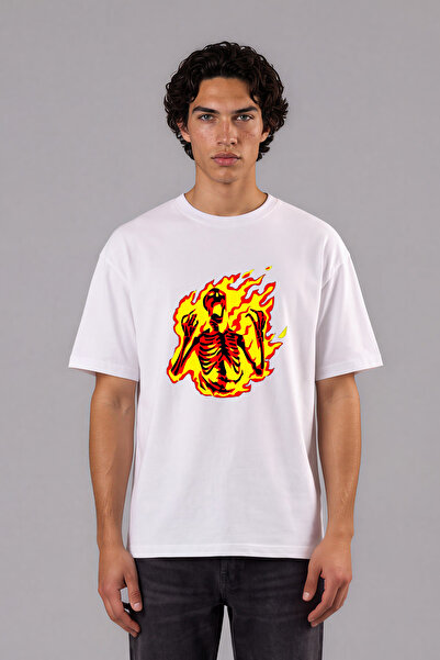 VSRN Tricou oversize alb cu imprimeu frontal Burning Skeleton Design