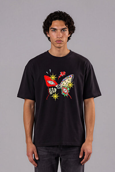 VSRN Tricou oversize negru cu imprimeu frontal Mutant Butterfly Design