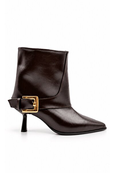 İX Janet Women's Brown Leather Gold Buckle Pointed Toe Goblet Heeled Ankle Le...