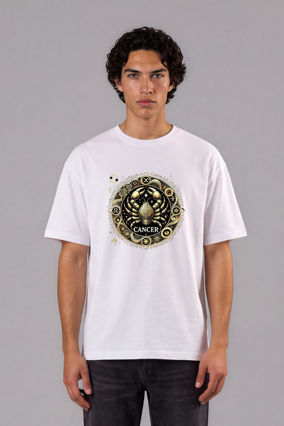 VSRN Tricou supradimensionat alb cu imprimeu frontal cu design Cancer cu 8 mâ...
