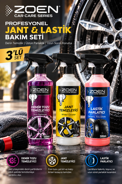 Profesyonel Jant & Lastik Bakım Seti 3'lü | Demir Tozu Temizleyici + Jant Temizleyici + Seramik Lastik Parlatıcı | 1500 ml
