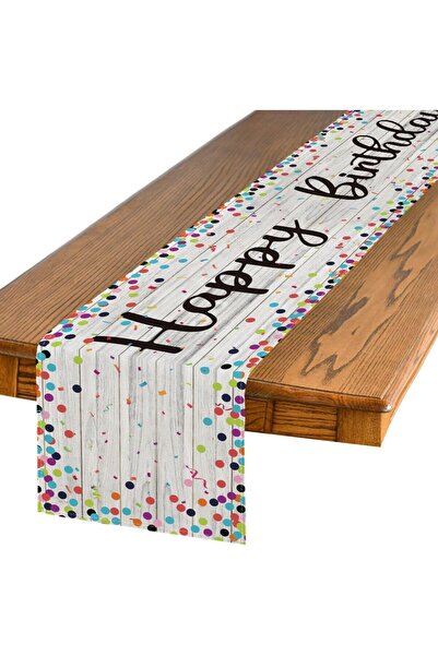 Generic Polka Dot Birthday Table Runner, Rustic Wood Grain Style Happy Birthd...