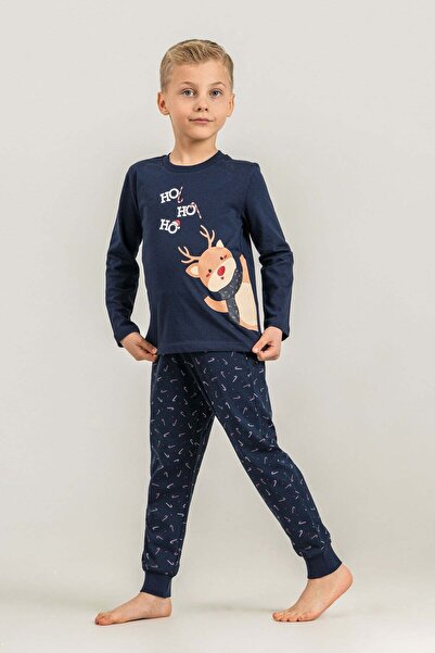 Minipomes 3-9 Years Old Boy's New Year's Banter Single Jersey Pajama Set Navy...