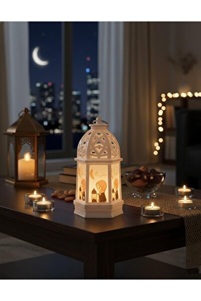 Generic فانوس رمضان ذهبي للزينة، ديكور إسلامي تقليدي لرمضان مع مقبض للتعليق