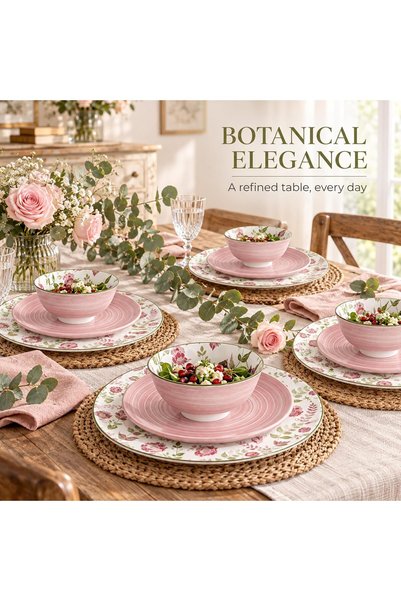 SHALLOW Porcelain ARLO 12-Pc Dinner Set – Elegant Pink, 4 Dinner Plates, 4 Side Plates, 4SmallBowls