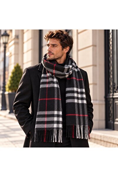 Aquasis London | Erkek Kışlık Siyah Gri Kırmızı Atkı Şal 50x190 cm | Ekose De...