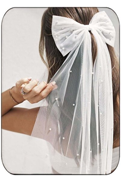 Generic Bow-Knot Tulle Veil Hair Clip - Elegant Pearl-Embellished White Brida...